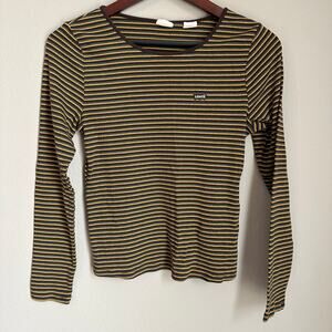 Women's Levi's Brown Striped Ribbed Shirt Long Sleeve Round Neck Size M